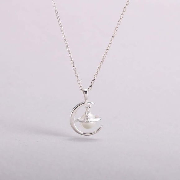 NEW S925 Sterling Silver Crescent Moon and Faux Pearl Planet Necklace - Picture 6 of 7